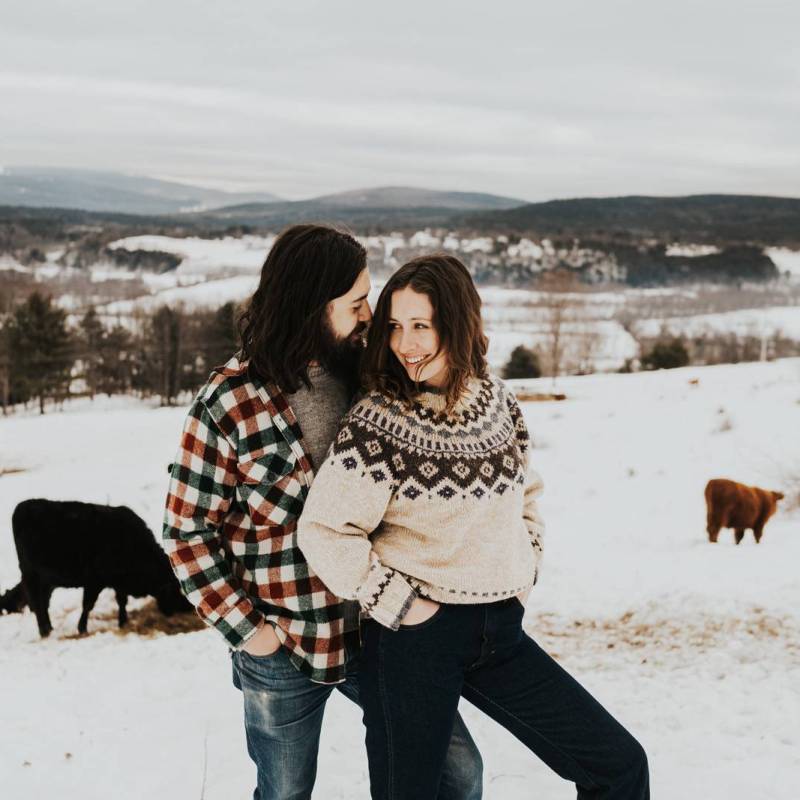 Couple posing in front of highland cows during winter engagement photoshoot in Vermont