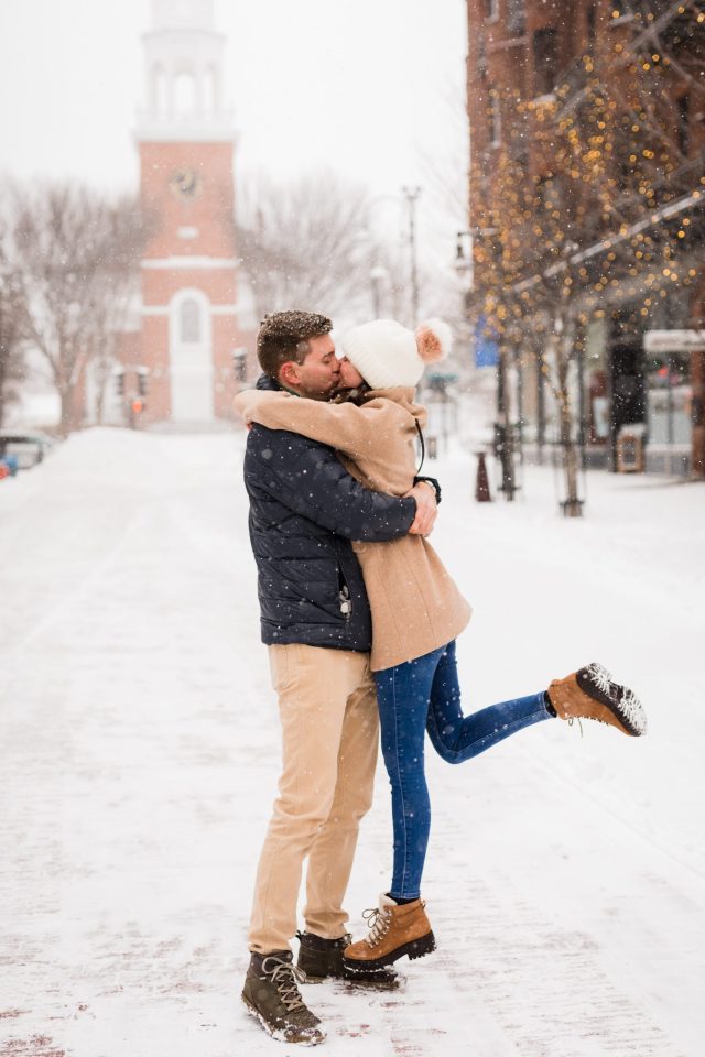 snowy aadventurous engagement session in downtown Burlington VT