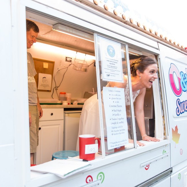 bride in cremee truck Vermont wedding