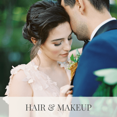 close up of bride and groom with words hair and makeup over it